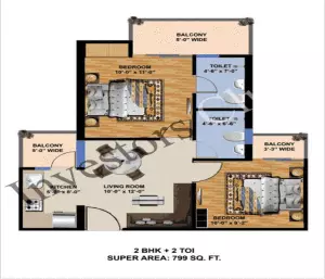 2bhk 799sqft floor plan 300x257 Ajnara R1 Yamuna Expressway, Greater Noida